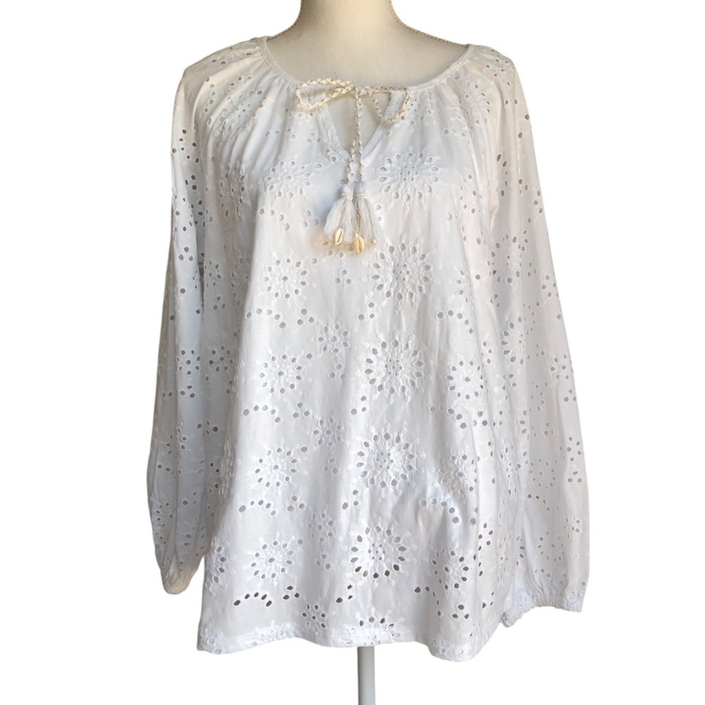 Soft Surroundings Rhiannon White Eyelet Peasant Top Size Large